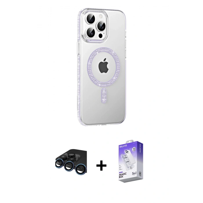 MARSİLYAN™- iPhone 15 Pro Kılıf Yörünge Koleksiyonu - Siyah Bilvis 5in1 3D Magic Cam Ekran Koruyucu + Raze Metal Kamera Lens - LT