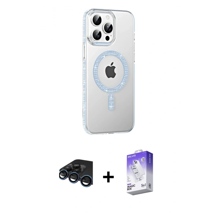 MARSİLYAN™- iPhone 15 Pro Kılıf Yörünge Koleksiyonu - Siyah Bilvis 5in1 3D Magic Cam Ekran Koruyucu + Raze Metal Kamera Lens - LT