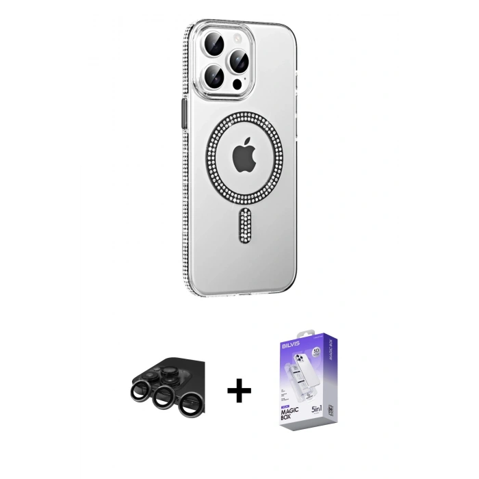 MARSİLYAN™- iPhone 15 Pro Kılıf Yörünge Koleksiyonu - Siyah Bilvis 5in1 3D Magic Cam Ekran Koruyucu + Raze Metal Kamera Lens - TMGI