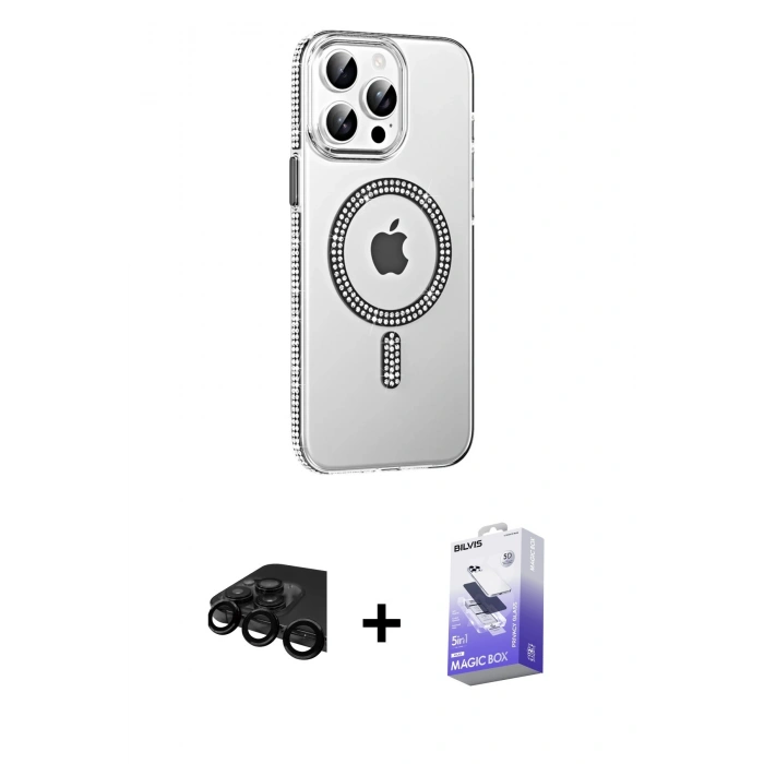 MARSİLYAN™- iPhone 15 Pro Kılıf Yörünge Koleksiyonu - Siyah Bilvis 5in1 5D Magic Hayalet Cam Ekran Koruyucu + Raze Metal Kamera Lens - SH