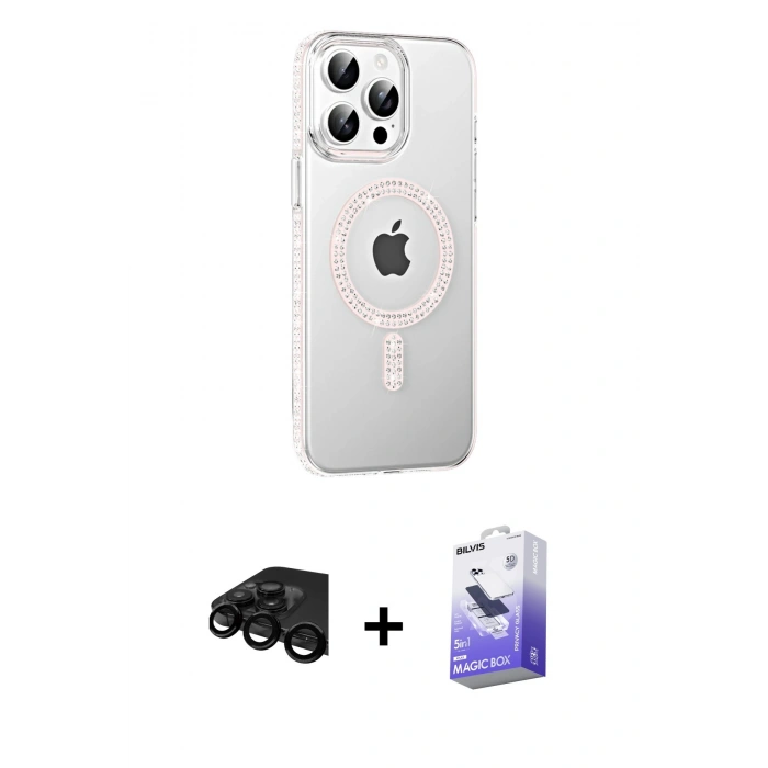 MARSİLYAN™- iPhone 15 Pro Kılıf Yörünge Koleksiyonu - Siyah Bilvis 5in1 5D Magic Hayalet Cam Ekran Koruyucu + Raze Metal Kamera Lens - SH