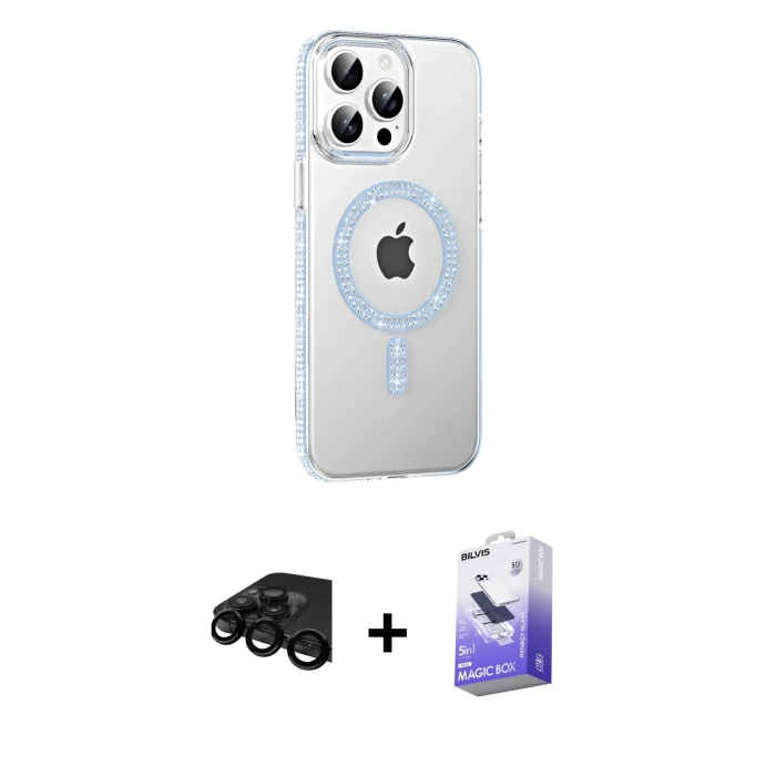 MARSİLYAN™- iPhone 15 Pro Kılıf Yörünge Koleksiyonu - Siyah Bilvis 5in1 5D Magic Hayalet Cam Ekran Koruyucu + Raze Metal Kamera Lens - SH