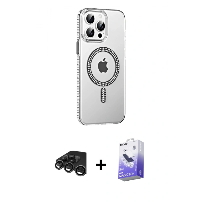 MARSİLYAN™- iPhone 15 Pro Kılıf Yörünge Koleksiyonu - Siyah Bilvis 5in1 5D Magic Hayalet Cam Ekran Koruyucu + Raze Metal Kamera Lens - TMGI