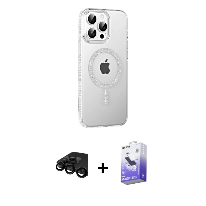 MARSİLYAN™- iPhone 15 Pro Kılıf Yörünge Koleksiyonu - Siyah Bilvis 5in1 5D Magic Hayalet Cam Ekran Koruyucu + Raze Metal Kamera Lens - SH
