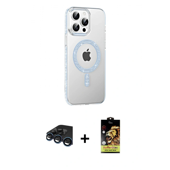 MARSİLYAN™- iPhone 15 Pro Kılıf Yörünge Koleksiyonu - Siyah Buffer Cam Ekran Koruyucu + Raze Metal Kamera Lens - LT