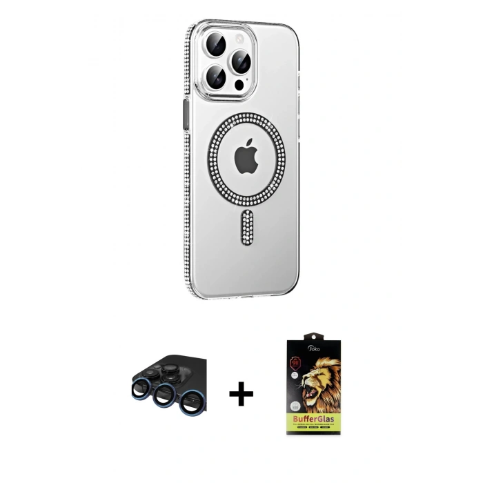 MARSİLYAN™- iPhone 15 Pro Kılıf Yörünge Koleksiyonu - Siyah Buffer Cam Ekran Koruyucu + Raze Metal Kamera Lens - LT