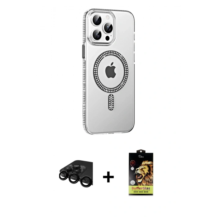 MARSİLYAN™- iPhone 15 Pro Kılıf Yörünge Koleksiyonu - Siyah Buffer Cam Ekran Koruyucu + Raze Metal Kamera Lens - SH
