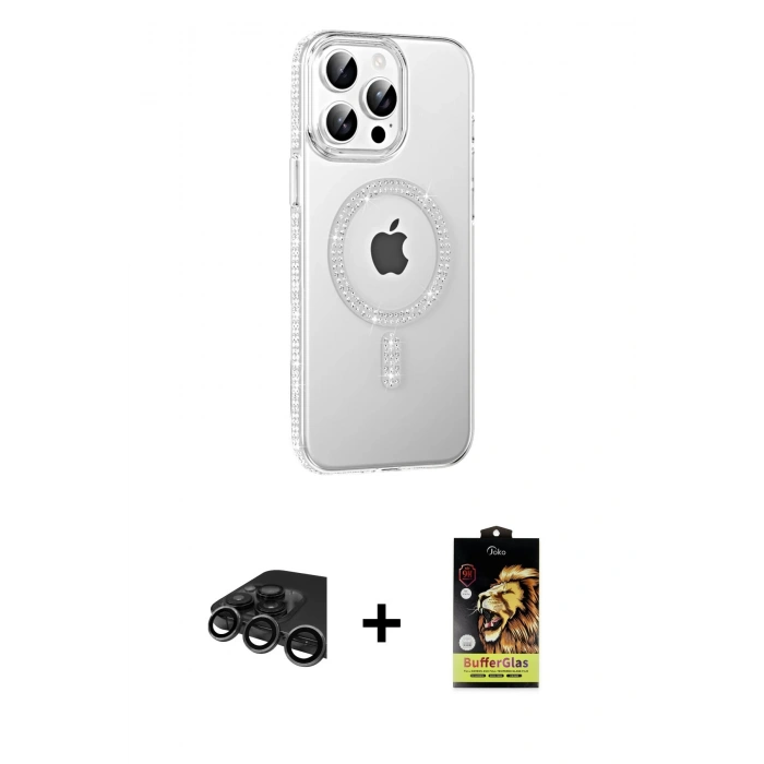 MARSİLYAN™- iPhone 15 Pro Kılıf Yörünge Koleksiyonu - Siyah Buffer Cam Ekran Koruyucu + Raze Metal Kamera Lens - TMGI