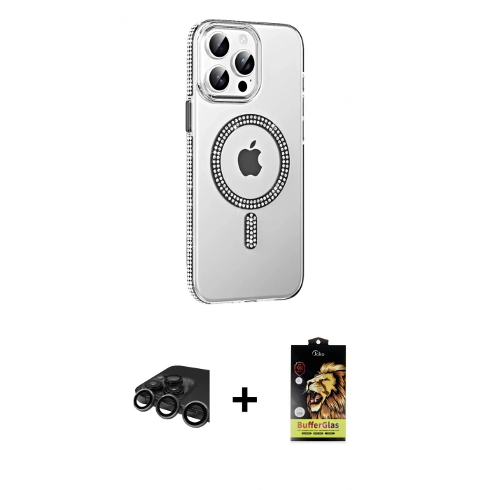 MARSİLYAN™- iPhone 15 Pro Kılıf Yörünge Koleksiyonu - Siyah Buffer Cam Ekran Koruyucu + Raze Metal Kamera Lens - TMGI