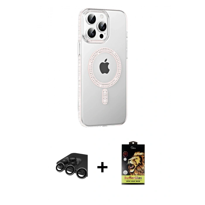 MARSİLYAN™- iPhone 15 Pro Kılıf Yörünge Koleksiyonu - Siyah Buffer Cam Ekran Koruyucu + Raze Metal Kamera Lens - TMGI