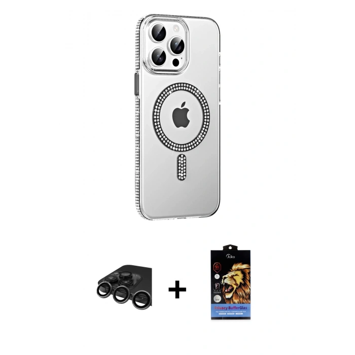 MARSİLYAN™- iPhone 15 Pro Kılıf Yörünge Koleksiyonu - Siyah Buffer Hayalet Cam Ekran Koruyucu + Raze Metal Kamera Lens - TMGI