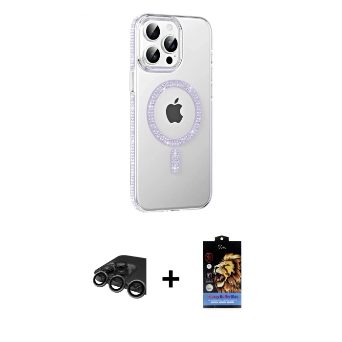 MARSİLYAN™- iPhone 15 Pro Kılıf Yörünge Koleksiyonu - Siyah Buffer Hayalet Cam Ekran Koruyucu + Raze Metal Kamera Lens - TMGI