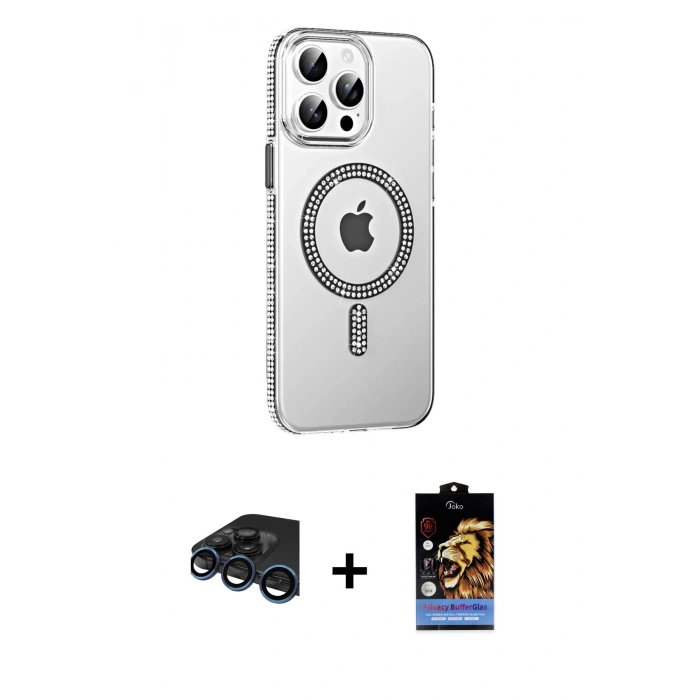 MARSİLYAN™- iPhone 15 Pro Kılıf Yörünge Koleksiyonu - Siyah Buffer Hayalet Cam Ekran Koruyucu + Raze Metal Kamera Lens - LT
