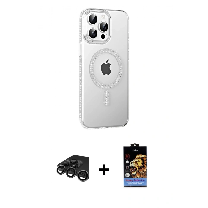 MARSİLYAN™- iPhone 15 Pro Kılıf Yörünge Koleksiyonu - Siyah Buffer Hayalet Cam Ekran Koruyucu + Raze Metal Kamera Lens - TMGI