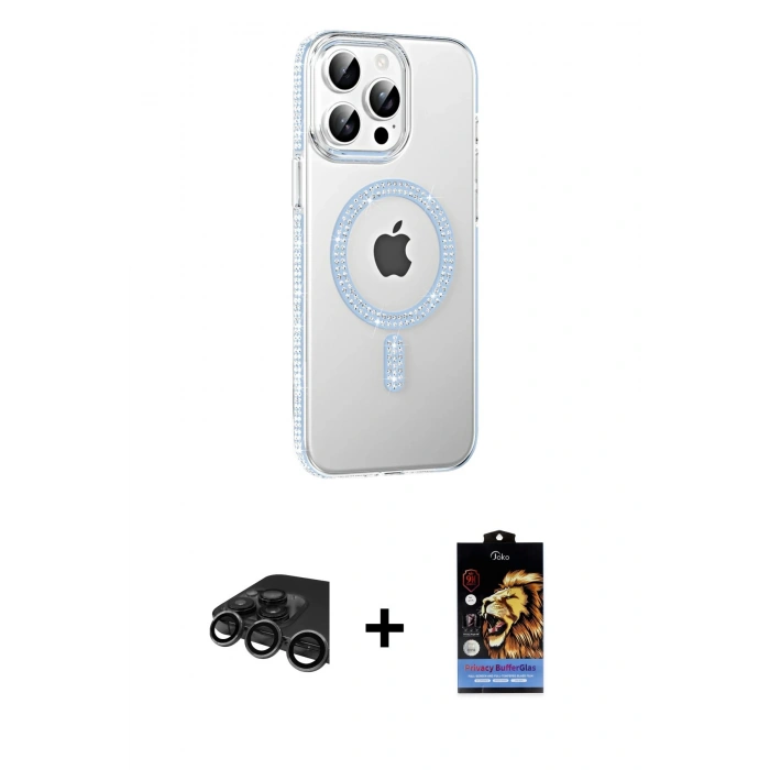 MARSİLYAN™- iPhone 15 Pro Kılıf Yörünge Koleksiyonu - Siyah Buffer Hayalet Cam Ekran Koruyucu + Raze Metal Kamera Lens - TMGI