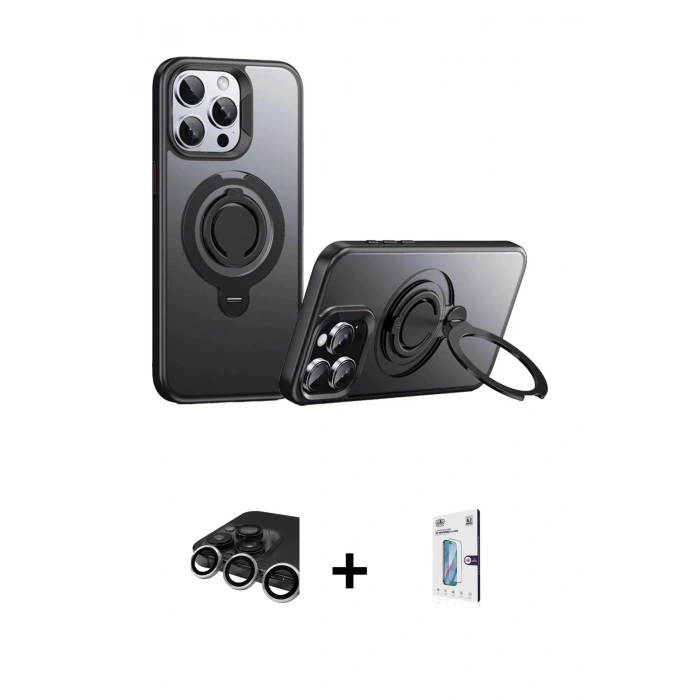 MARSİLYAN™- iPhone 15 Pro Kılıf Zirve Çizgi Prime - Siyah Bilvis 0.18mm Plus Cam Ekran Koruyucu + Raze Metal Kamera Lens - GS