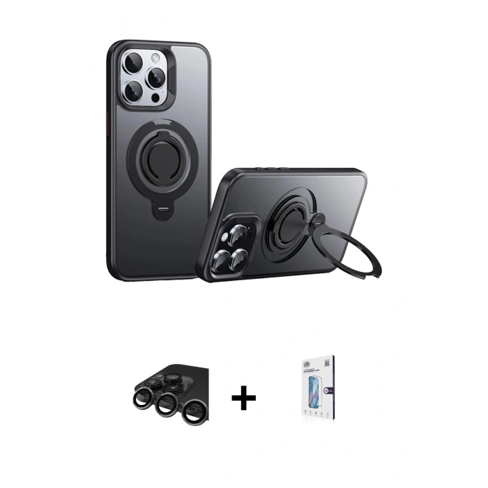 MARSİLYAN™- iPhone 15 Pro Kılıf Zirve Çizgi Prime - Siyah Bilvis 0.18mm Plus Cam Ekran Koruyucu + Raze Metal Kamera Lens - TMGI