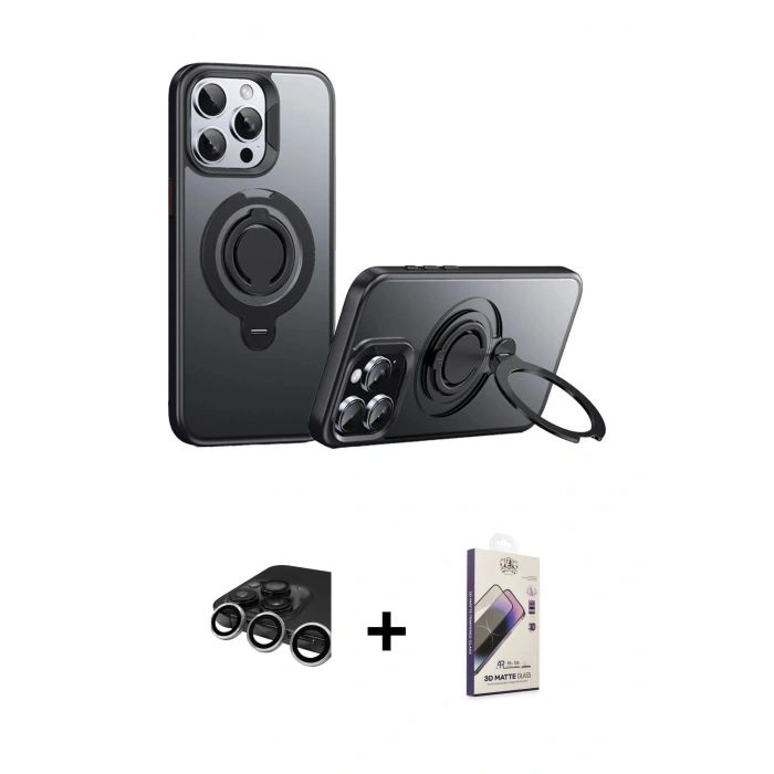 MARSİLYAN™- iPhone 15 Pro Kılıf Zirve Çizgi Prime - Siyah Bilvis 3D Mat Cam Ekran Koruyucu + Raze Metal Kamera Lens - GS
