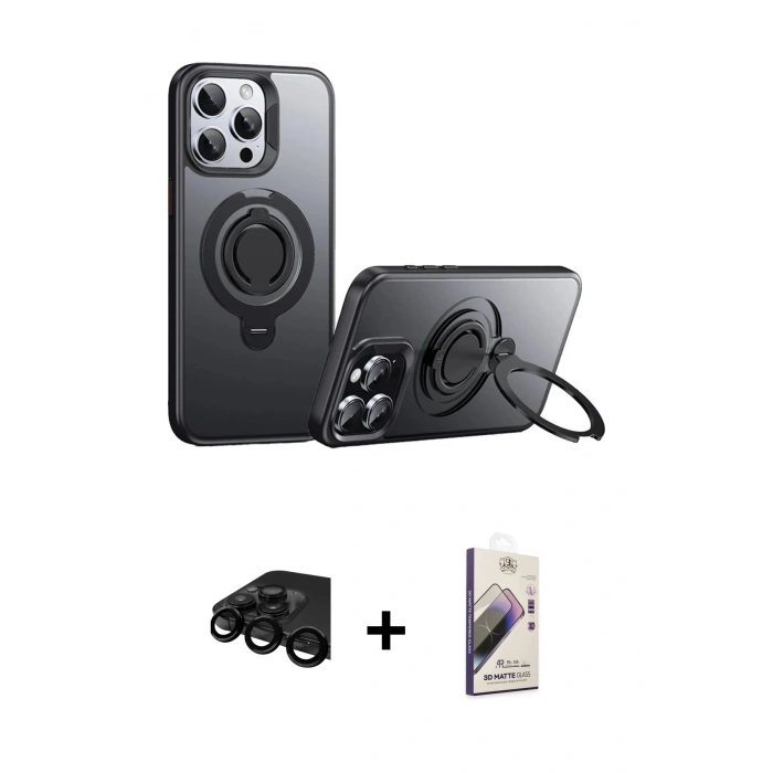 MARSİLYAN™- iPhone 15 Pro Kılıf Zirve Çizgi Prime - Siyah Bilvis 3D Mat Cam Ekran Koruyucu + Raze Metal Kamera Lens - SH