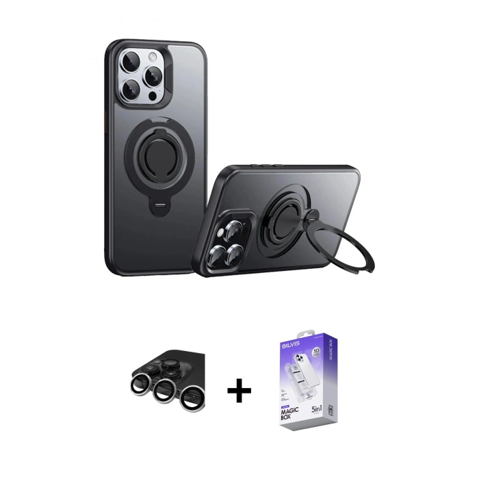 MARSİLYAN™- iPhone 15 Pro Kılıf Zirve Çizgi Prime - Siyah Bilvis 5in1 3D Magic Cam Ekran Koruyucu + Raze Metal Kamera Lens - GS