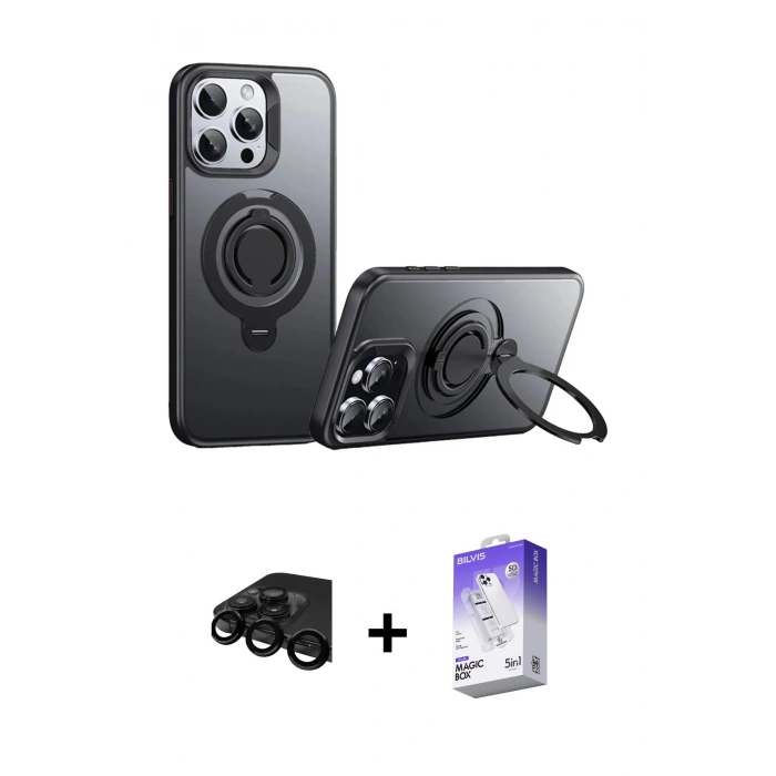 MARSİLYAN™- iPhone 15 Pro Kılıf Zirve Çizgi Prime - Siyah Bilvis 5in1 3D Magic Cam Ekran Koruyucu + Siyah Raze Metal Kamera Lens