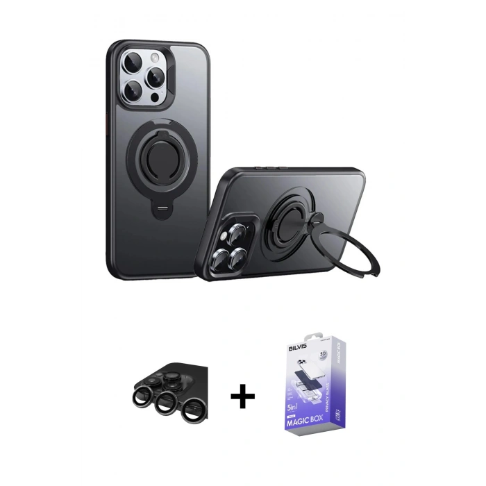 MARSİLYAN™- iPhone 15 Pro Kılıf Zirve Çizgi Prime - Siyah Bilvis 5in1 5D Magic Hayalet Cam Ekran Koruyucu + Raze Metal Kamera Lens - TMGI
