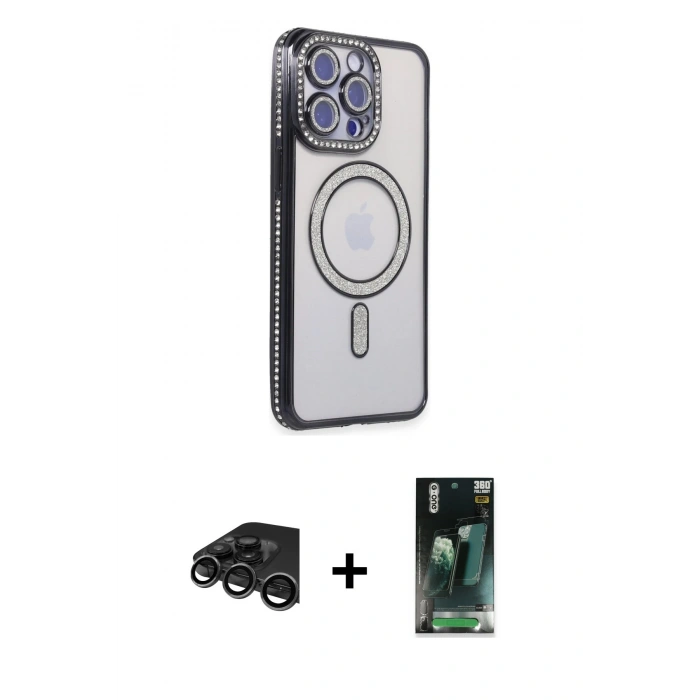 MARSİLYAN™- iPhone 15 Pro Kılıf Zirve Doku Prime - Şeffaf 360 Full Body Arka Koruyucu + Raze Metal Kamera Lens - TMGI