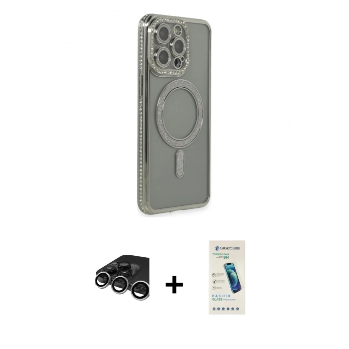 MARSİLYAN™- iPhone 15 Pro Kılıf Zirve Doku Prime - Şeffaf Pasifik Cam Ekran Koruyucu + Raze Metal Kamera Lens - GS