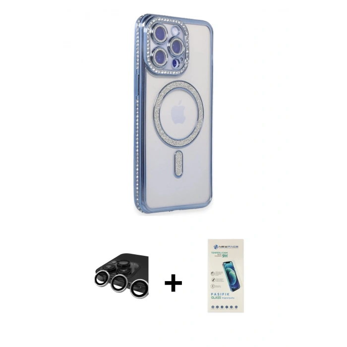 MARSİLYAN™- iPhone 15 Pro Kılıf Zirve Doku Prime - Şeffaf Pasifik Cam Ekran Koruyucu + Raze Metal Kamera Lens - GS