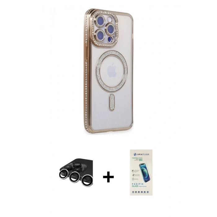 MARSİLYAN™- iPhone 15 Pro Kılıf Zirve Doku Prime - Şeffaf Pasifik Cam Ekran Koruyucu + Raze Metal Kamera Lens - GS
