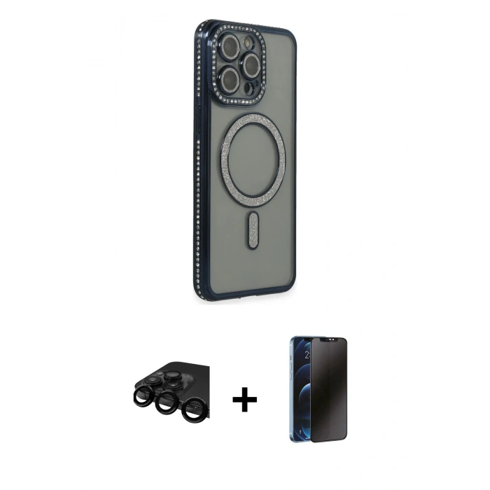 MARSİLYAN™- iPhone 15 Pro Kılıf Zirve Doku Prime - Siyah 3D Antistatik Hayalet Cam Ekran Koruyucu + Raze Metal Kamera Lens - SH