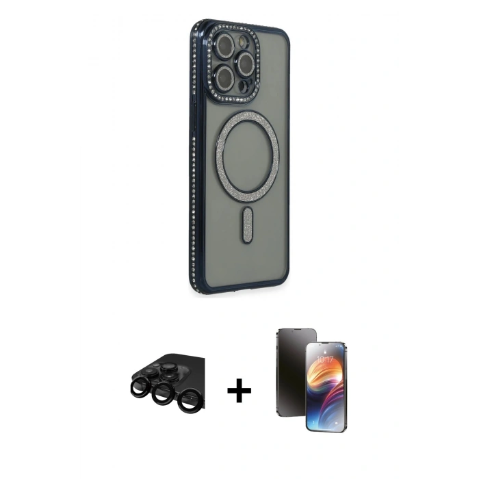 MARSİLYAN™- iPhone 15 Pro Kılıf Zirve Doku Prime - Siyah 3D Antistatik Mat Seramik Nano Ekran Koruyucu + Raze Metal Kamera Lens - SH