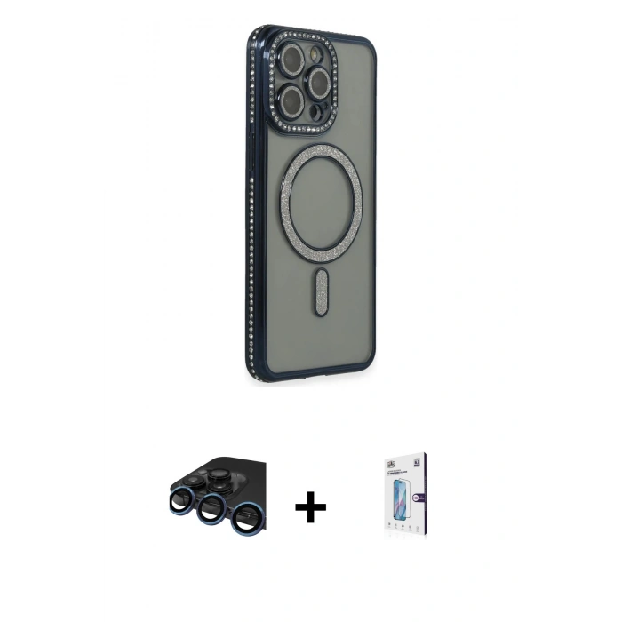 MARSİLYAN™- iPhone 15 Pro Kılıf Zirve Doku Prime - Siyah Bilvis 0.18mm Plus Cam Ekran Koruyucu + Raze Metal Kamera Lens - LT