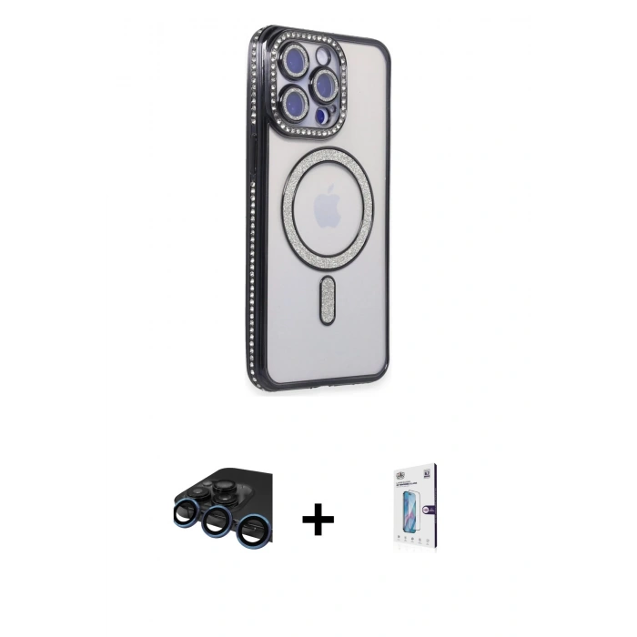 MARSİLYAN™- iPhone 15 Pro Kılıf Zirve Doku Prime - Siyah Bilvis 0.18mm Plus Cam Ekran Koruyucu + Raze Metal Kamera Lens - LT