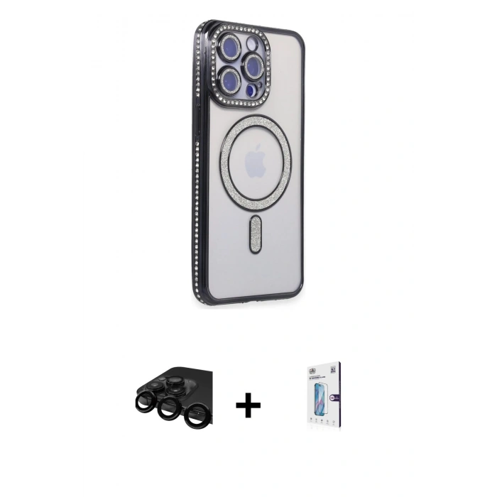MARSİLYAN™- iPhone 15 Pro Kılıf Zirve Doku Prime - Siyah Bilvis 0.18mm Plus Cam Ekran Koruyucu + Raze Metal Kamera Lens - SH