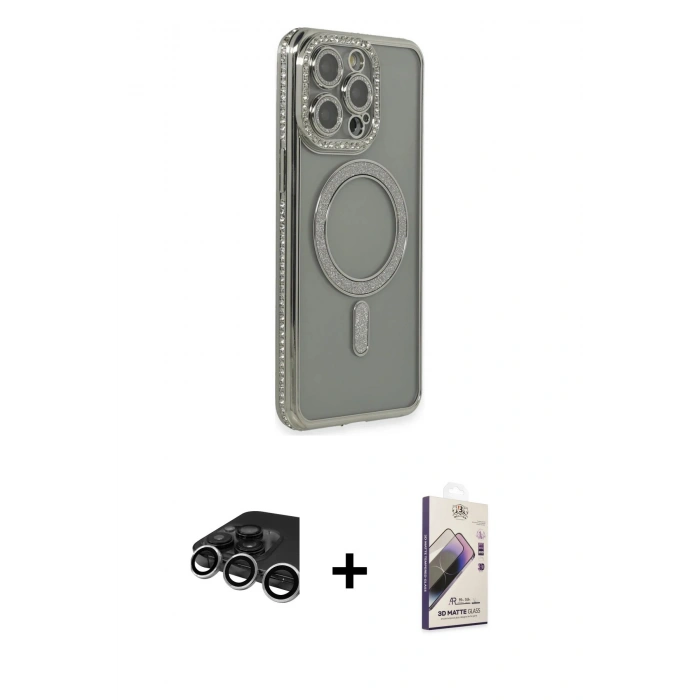 MARSİLYAN™- iPhone 15 Pro Kılıf Zirve Doku Prime - Siyah Bilvis 3D Mat Cam Ekran Koruyucu + Raze Metal Kamera Lens - GS