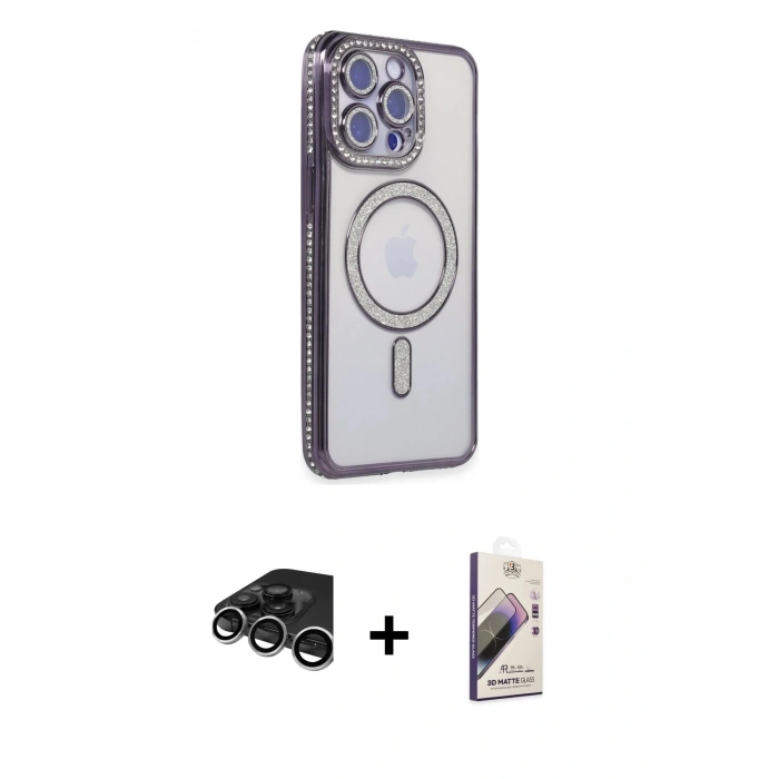 MARSİLYAN™- iPhone 15 Pro Kılıf Zirve Doku Prime - Siyah Bilvis 3D Mat Cam Ekran Koruyucu + Raze Metal Kamera Lens - GS