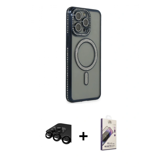 MARSİLYAN™- iPhone 15 Pro Kılıf Zirve Doku Prime - Siyah Bilvis 3D Mat Cam Ekran Koruyucu + Raze Metal Kamera Lens - SH