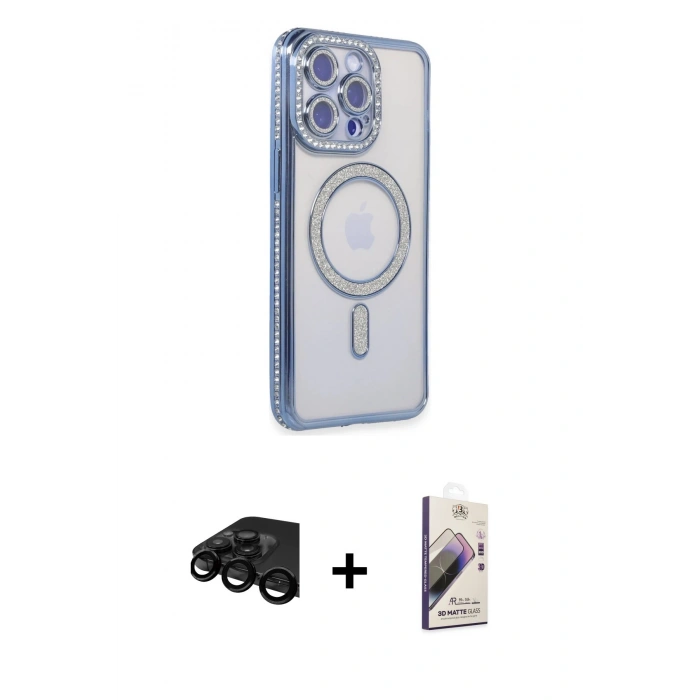 MARSİLYAN™- iPhone 15 Pro Kılıf Zirve Doku Prime - Siyah Bilvis 3D Mat Cam Ekran Koruyucu + Raze Metal Kamera Lens - SH