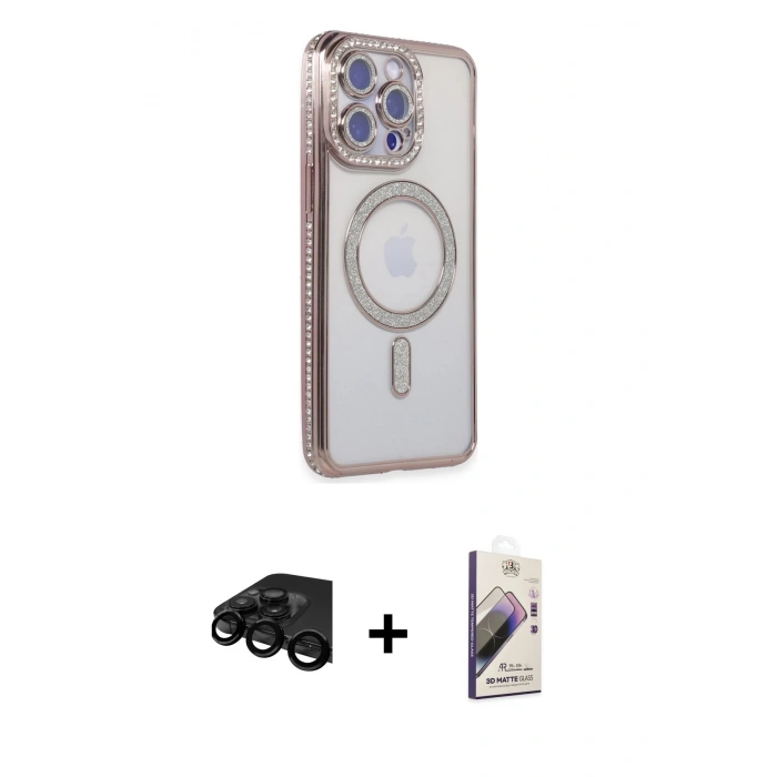 MARSİLYAN™- iPhone 15 Pro Kılıf Zirve Doku Prime - Siyah Bilvis 3D Mat Cam Ekran Koruyucu + Raze Metal Kamera Lens - SH