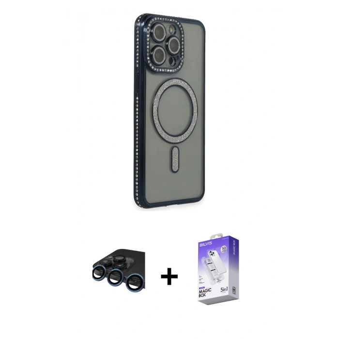 MARSİLYAN™- iPhone 15 Pro Kılıf Zirve Doku Prime - Siyah Bilvis 5in1 3D Magic Cam Ekran Koruyucu + Raze Metal Kamera Lens - LT