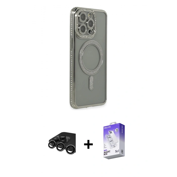 MARSİLYAN™- iPhone 15 Pro Kılıf Zirve Doku Prime - Siyah Bilvis 5in1 3D Magic Cam Ekran Koruyucu + Raze Metal Kamera Lens - TMGI