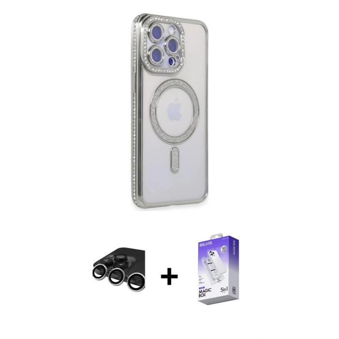 MARSİLYAN™- iPhone 15 Pro Kılıf Zirve Doku Prime - Siyah Bilvis 5in1 3D Magic Cam Ekran Koruyucu + Raze Metal Kamera Lens - GS