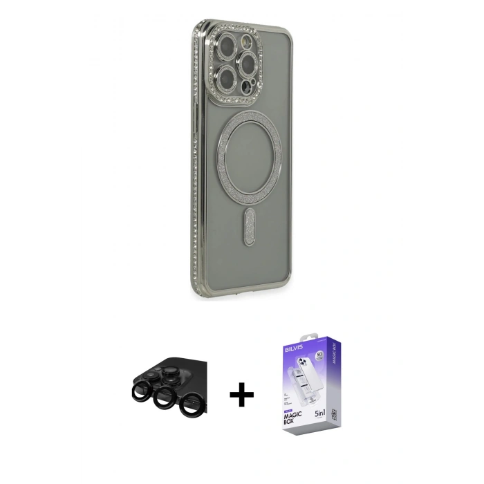 MARSİLYAN™- iPhone 15 Pro Kılıf Zirve Doku Prime - Siyah Bilvis 5in1 3D Magic Cam Ekran Koruyucu + Raze Metal Kamera Lens - SH