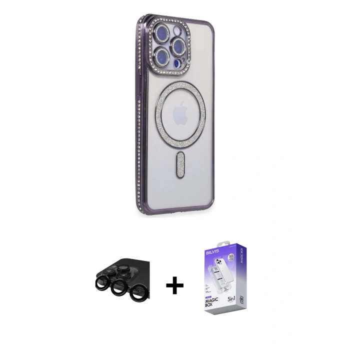 MARSİLYAN™- iPhone 15 Pro Kılıf Zirve Doku Prime - Siyah Bilvis 5in1 3D Magic Cam Ekran Koruyucu + Raze Metal Kamera Lens - SH