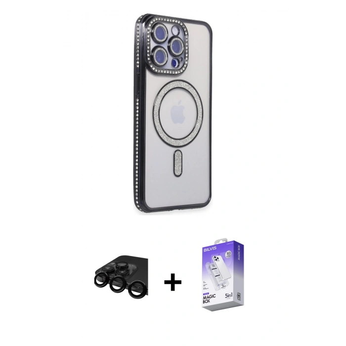 MARSİLYAN™- iPhone 15 Pro Kılıf Zirve Doku Prime - Siyah Bilvis 5in1 3D Magic Cam Ekran Koruyucu + Raze Metal Kamera Lens - SH