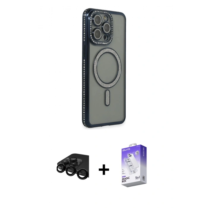 MARSİLYAN™- iPhone 15 Pro Kılıf Zirve Doku Prime - Siyah Bilvis 5in1 3D Magic Cam Ekran Koruyucu + Raze Metal Kamera Lens - SH