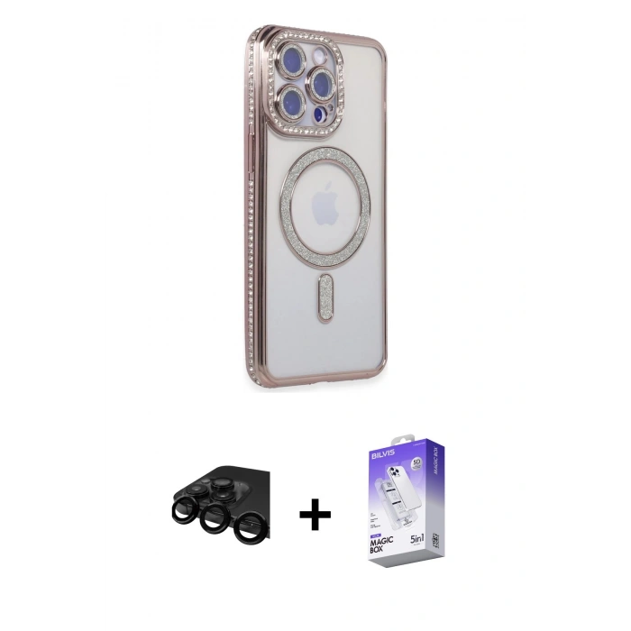 MARSİLYAN™- iPhone 15 Pro Kılıf Zirve Doku Prime - Siyah Bilvis 5in1 3D Magic Cam Ekran Koruyucu + Raze Metal Kamera Lens - SH