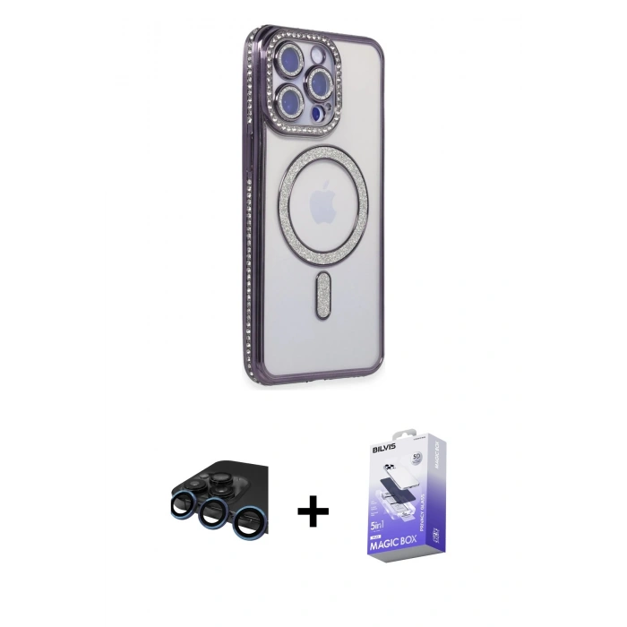 MARSİLYAN™- iPhone 15 Pro Kılıf Zirve Doku Prime - Siyah Bilvis 5in1 5D Magic Hayalet Cam Ekran Koruyucu + Raze Metal Kamera Lens - LT