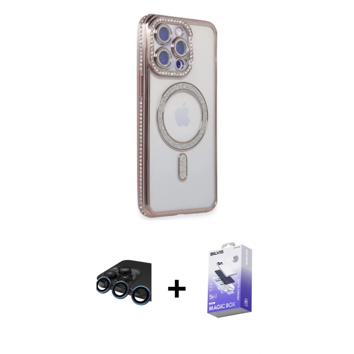 MARSİLYAN™- iPhone 15 Pro Kılıf Zirve Doku Prime - Siyah Bilvis 5in1 5D Magic Hayalet Cam Ekran Koruyucu + Raze Metal Kamera Lens - LT